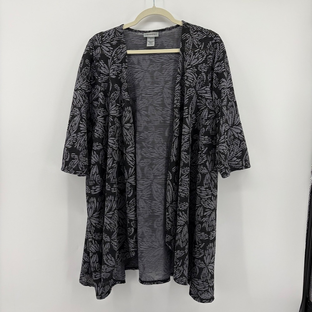 Catherines 1X Grey Black‎ Cardigan Abstract Floral Open Front Textured Kimono